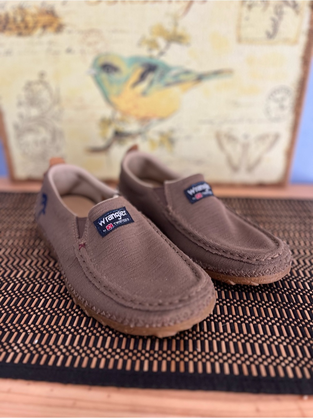 Wrangler Taupe Canvas Slip-On with Navy Embroidery